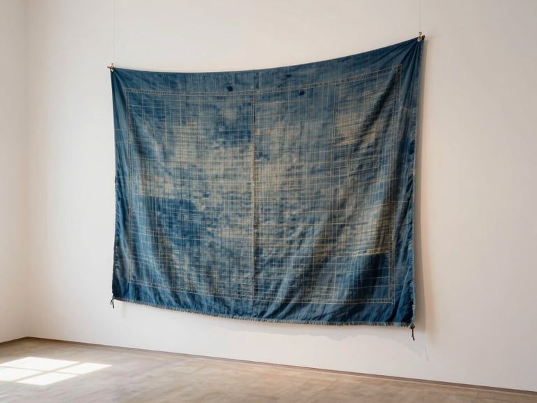 A large hand-woven indigo textile hanging in a bright white gallery space, soft diffused daylight, architectural composition.