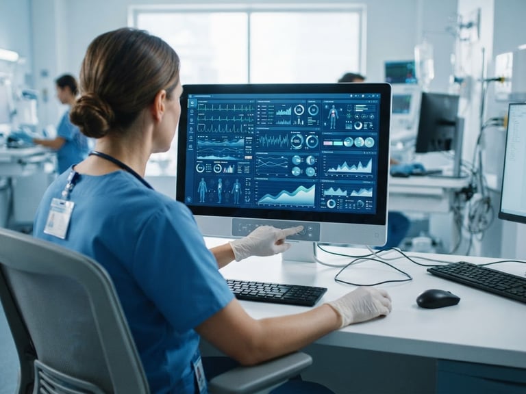 Over-the-shoulder view of a clean healthcare data interface on a screen, professional medical setting, sterile blue and white tones, bright cool daylight, 35mm