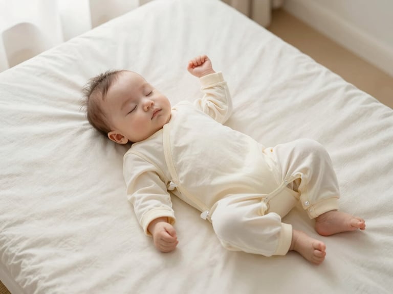 Overhead shot of a peaceful baby sleeping in a cream-colored sleepsuit on a soft organic mattress, diffused morning window light