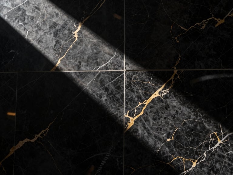 High-contrast commercial lobby featuring UV marble sheets, sharp directional studio light, dramatic shadows, 35mm lens