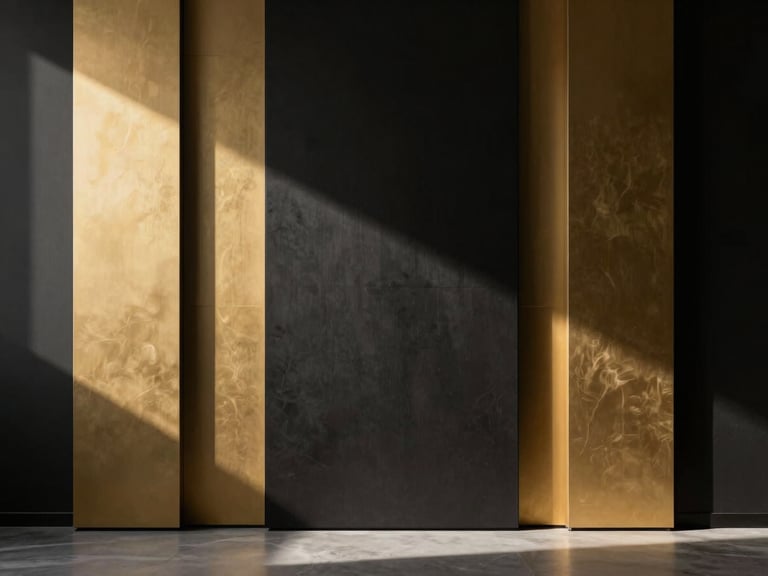 Stark minimalist living room with dramatic shadows, luxury wall panels, high-contrast black and gold tones, 35mm lens