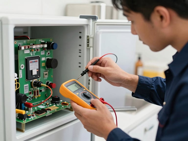 Macro shot of a technician in a clean navy blue uniform using a digital multimeter to test a modern refrigerator control board inside a bright, clean Dubai kitchen.