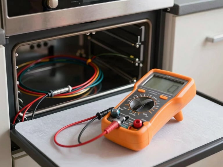 A close-up shot of a digital diagnostic multimeter testing the wiring harness of a built-in kitchen oven, safety orange tools resting nearby on a clean protective mat.