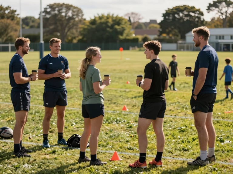 Candid environmental shot of expat families socializing on the sidelines of a rugby pitch, parents holding coffee cups, smiling and watching kids train under bright morning sunlight.