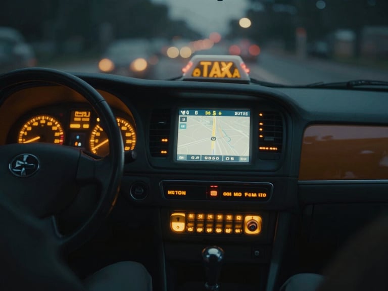 Wide panoramic view of a taxi dashboard at night, glowing amber lights, GPS map on screen, shallow depth of field, cinematic editorial photography, cool night tones with warm amber dashboard light, high contrast, 35mm