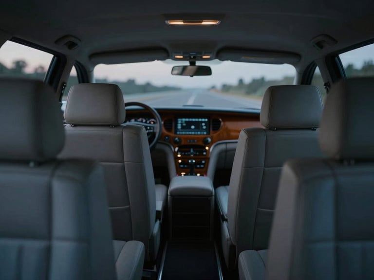 Wide panoramic interior of a luxury limousine at dusk, soft ambient lighting, empty seats, shallow depth of field, cinematic editorial photography, cool night tones with warm amber dashboard light, high contrast, 35mm