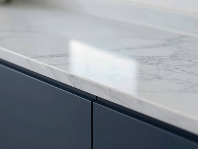 Macro architectural shot of a clean marble countertop reflecting bright, clinical natural light, sharp focus, 35mm