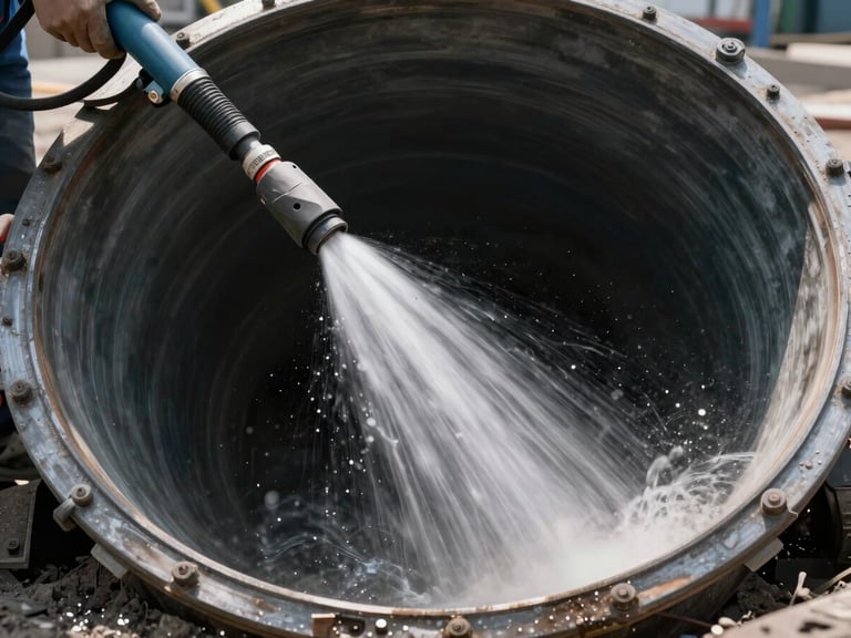 Wide shot of a hydro-jetting machine nozzle firing a high-pressure water stream into a large drain pipe opening, daylight from above illuminating the spray and pipe interior, industrial work site context