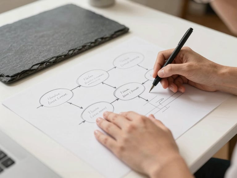 Focused professional hands sketching a structured workflow diagram on a large white table, natural daylight, warm slate and sand color palette, 35mm