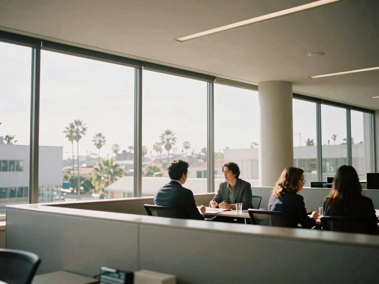 Collaborative modern workspace with professionals in mid-discussion near a large window, bright natural Southern California light, architectural lines, 35mm