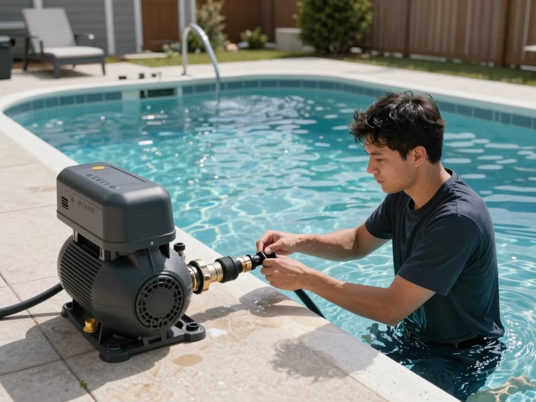 Close overhead view of a pool being opened in spring — technician connecting hose fittings on the pump equipment beside the pool deck, bright midday sunlight, suburban Quebec backyard with a fence visible in the background