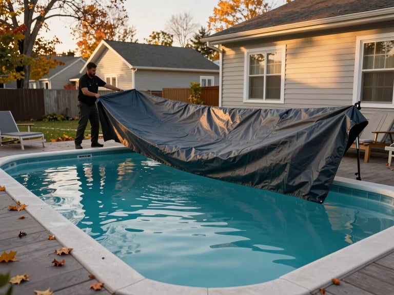 Wide shot of a suburban Quebec backyard pool in late autumn — technician pulling a dark winter cover (toile) across the pool surface, golden afternoon light, fallen leaves visible on the deck, house exterior with siding in the background