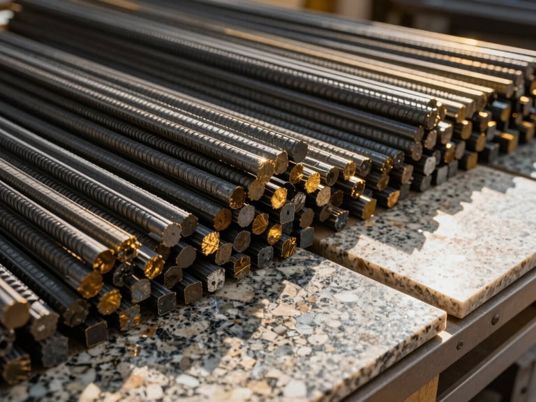 Macro shot of premium building materials, neatly stacked high-grade steel reinforcement bars and polished granite tiles in an architectural showroom, warm golden hour glint.
