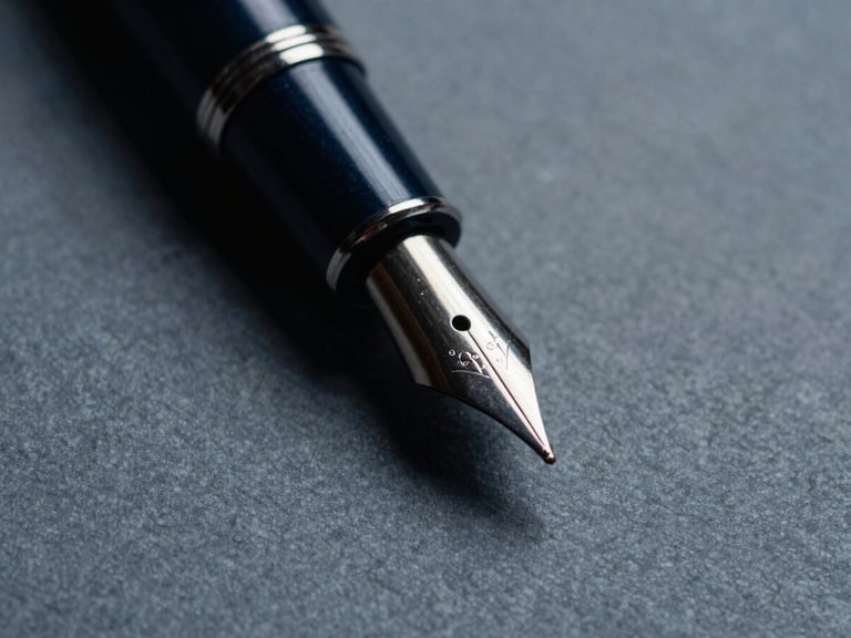 Extreme close-up of a fountain pen nib resting on heavy textured paper, sharp focus, dramatic side lighting, deep navy shadows, cool editorial style, 35mm.