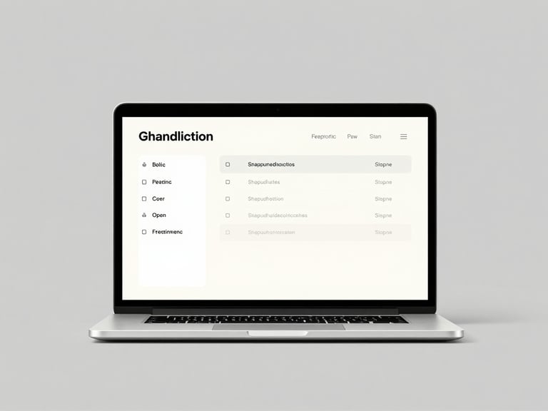 Straight-on laptop mockup displaying a clean, high-contrast branding system and brand guidelines, neutral grey background, soft shadows