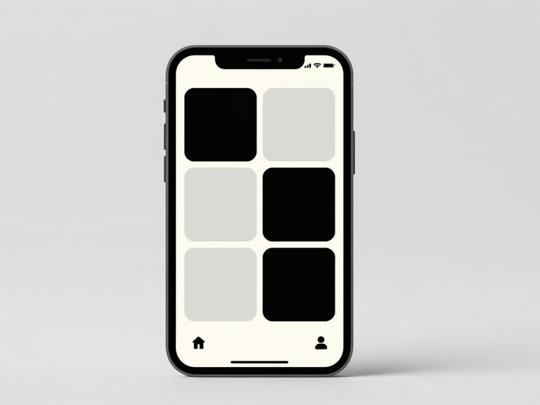 Sleek smartphone mockup showing a minimalist social media feed with high-contrast graphic posts, bright studio lighting