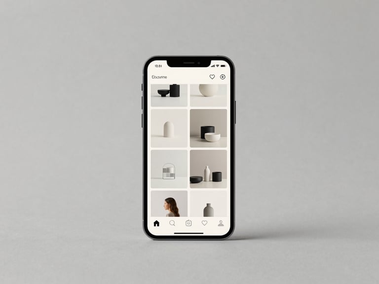 minimalist digital mockup photography, clean studio lighting, neutral grey and off-white tones, sharp focus, high-end editorial feel showing a perfectly curated Instagram feed on an iPhone screen