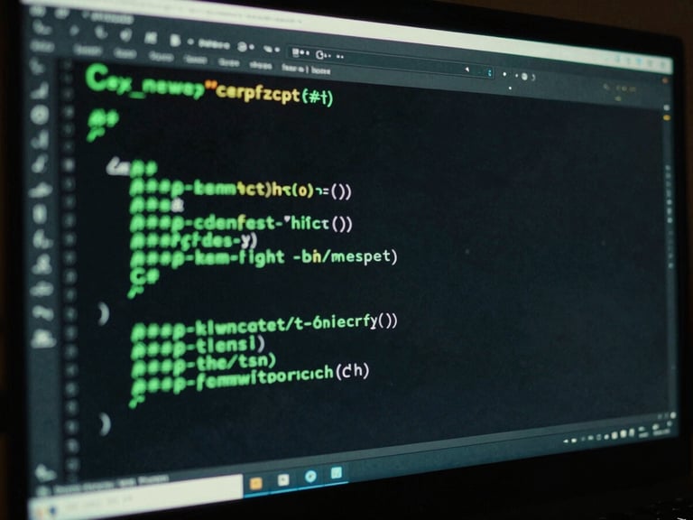 Moody close-up of a game developer screen showing complex C# code scripts, glowing toxic green syntax highlighting, dark room background, 35mm film grain.