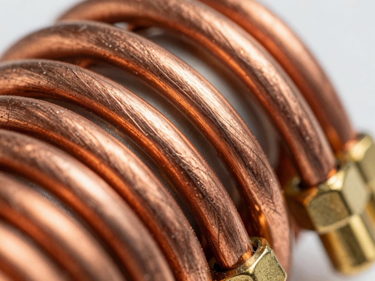 Macro close-up shot of heavy-duty copper cable windings and brass terminals, crisp technical detail, high-clarity daylight, sharp focus on metal textures.