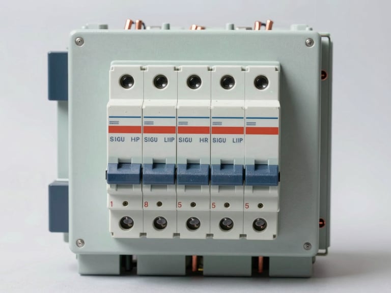 Orthographic front-facing shot of heavy-duty industrial circuit breakers and copper wiring terminals, bright neutral studio lighting, high material texture clarity.