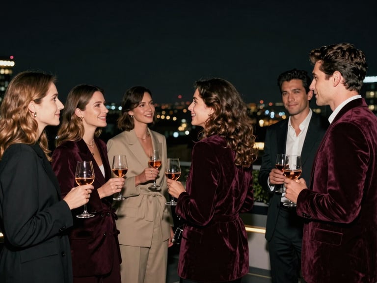 Scène de networking animée, cocktails, rires, discussions entre femmes et hommes élégants, ambiance rooftop de nuit, ville illuminée en arrière-plan.