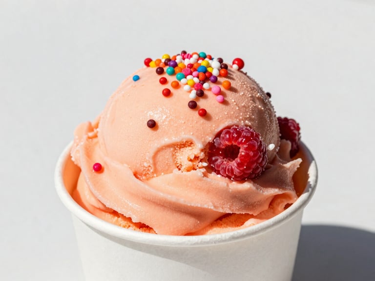 A bright peach and raspberry swirled ice cream scoop in a paper cup, sparkling candy toppings, high-contrast outdoor lighting.