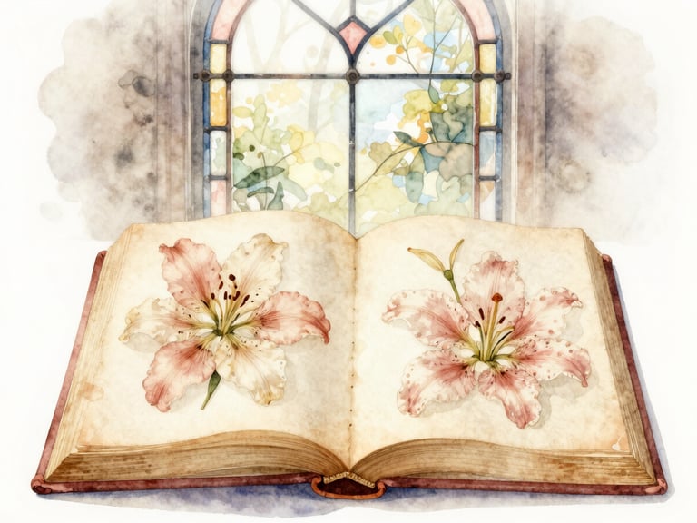 Watercolor of an open antique book with pressed lilies and soft morning light filtering through a stained-glass window, warm ivory tones