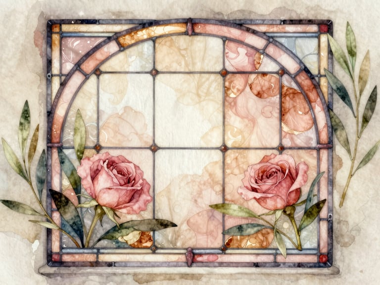 Watercolor of a stained-glass window with soft rose and bronze reflections, surrounded by olive foliage, romantic atmosphere