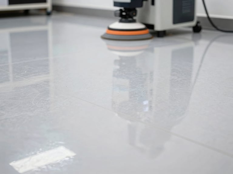 High-gloss polished vinyl floor reflecting overhead lights, a professional floor buffer in the background, sharp focus