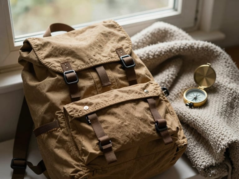 neat flat lay of outdoor gear, canvas backpack, compass, and wool blanket, soft natural window light