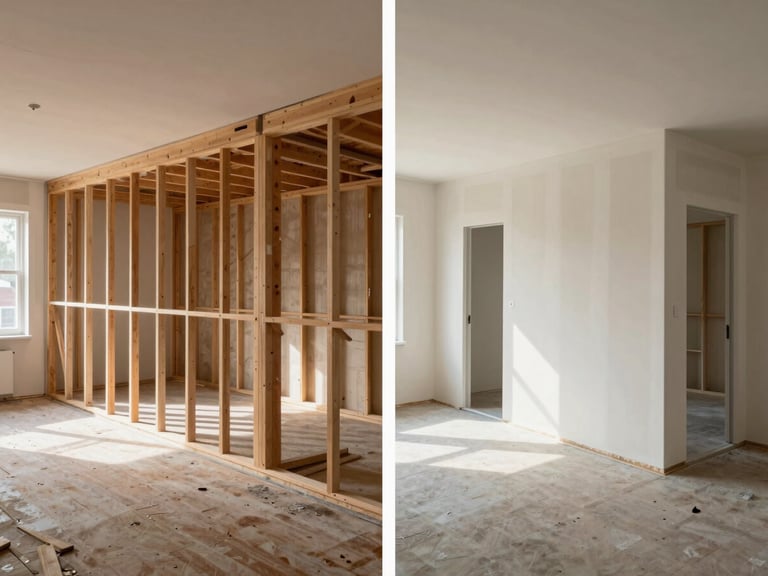 Split-view progress sequence showing the same commercial interior — left half mid-framing with open stud walls and subfloor visible, right half finished with drywall, lighting, and millwork installed, natural site light consistent across both stages