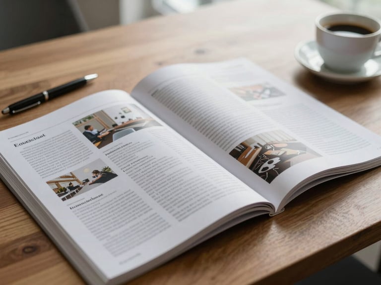 Editorial shot of an open educational magazine on a wooden desk, showing engaging layouts and high-quality print, with a pen and a cup of coffee nearby, soft natural light, shallow depth of field, muted paper tones, 35mm.