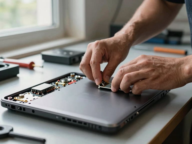 Close-up of a technician's hands carefully opening the back panel of a laptop on a workbench, natural daylight from a window to the left, tools visible at the edge of frame, components in sharp focus