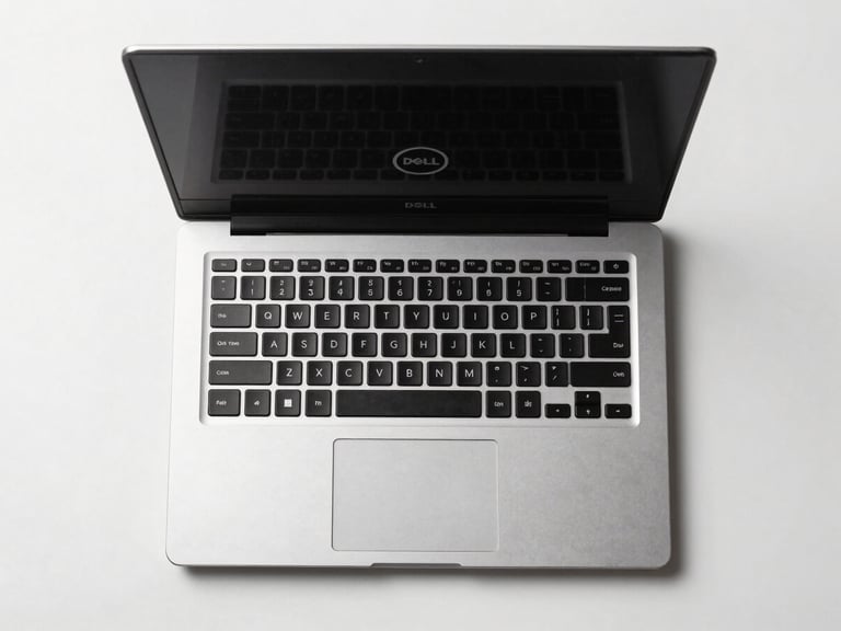 Overhead straight-down product shot of a refurbished Dell laptop open on a clean white surface, studio lighting from above, keyboard and screen visible, no hands, no props, product-hero style