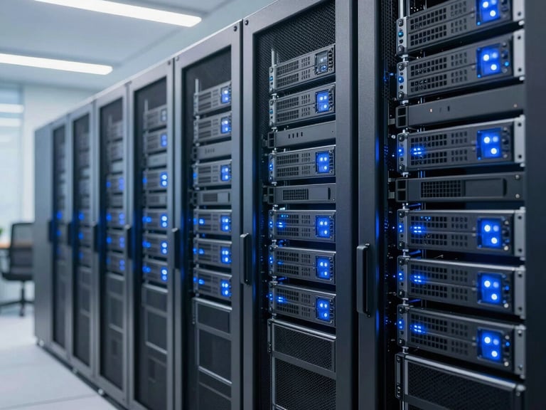 Secure server racks in a data center, glowing blue lights, clean corporate environment, bright professional lighting.