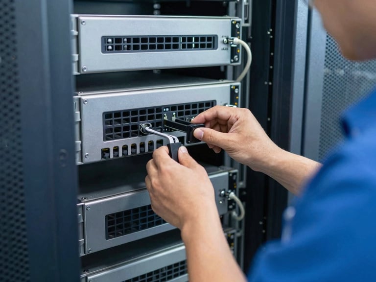 Technical team member working on a server rack in a secure facility, focus on hands and equipment, professional lighting.
