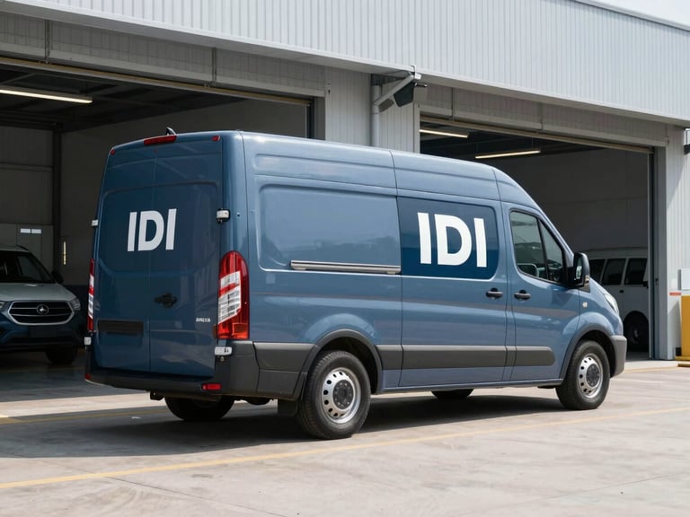 IDI branded secure transport vehicle, parked in an organized depot, clean industrial setting, bright daylight.