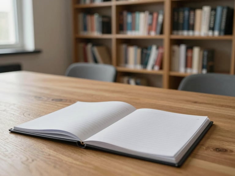 Wide environmental shot of an unoccupied planning office in northern daylight, a long oak table with open folders and a ruled notepad, bookshelves in soft focus behind, calm and unhurried