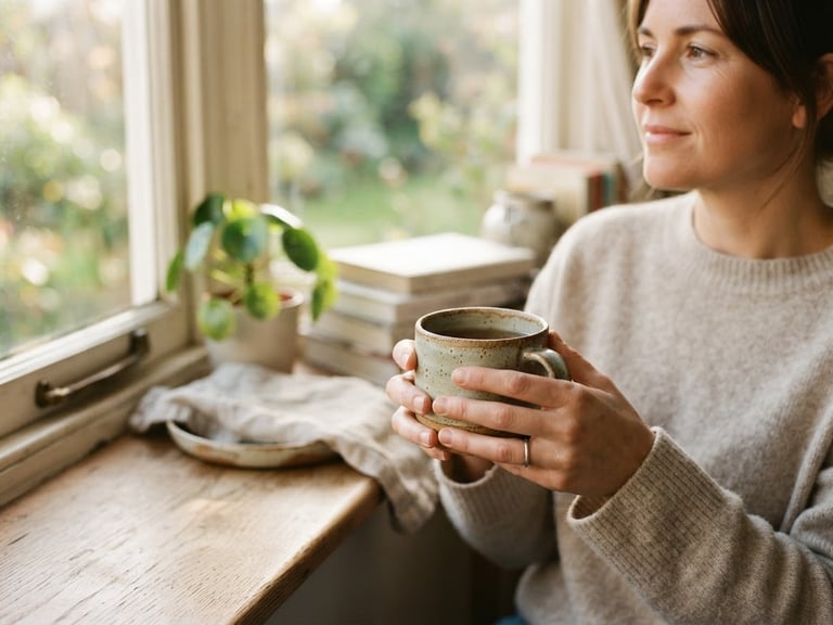 Wide shot of a sunlit domestic corner with a hand-held stoneware mug, emphasizing the glaze texture, soft morning window light, muted sage and warm sand tones, shallow depth of field, 35mm.