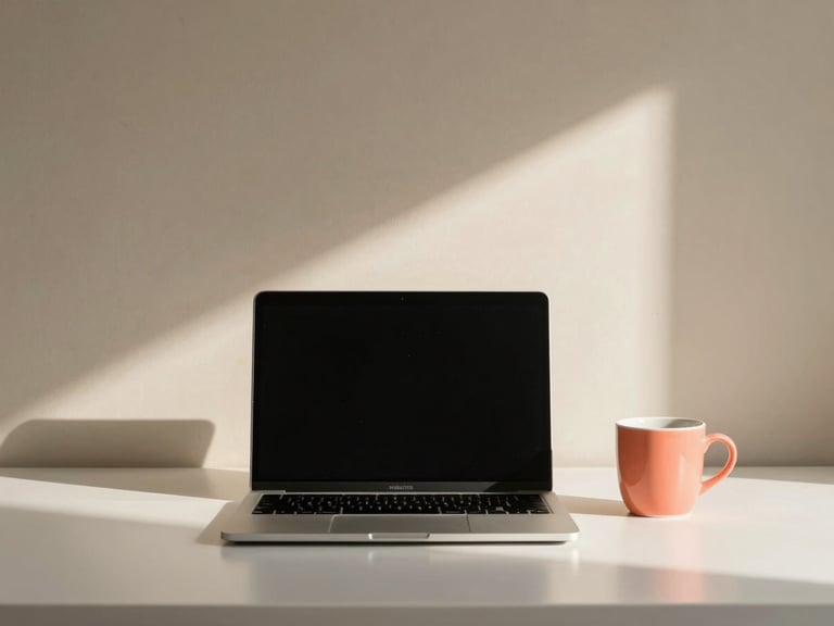Minimalist, organized office space with a laptop, a ceramic cup, and soft morning sunlight casting gentle shadows on a sand-beige wall, 35mm
