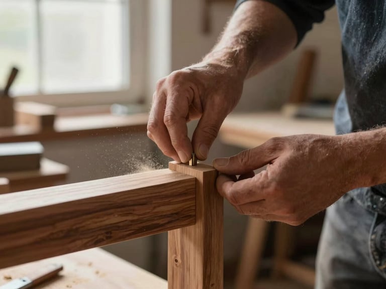 A craftsman's hands carefully aligning a mortise and tenon joint on a solid walnut chair frame, soft workshop window light, sawdust particles in the air.