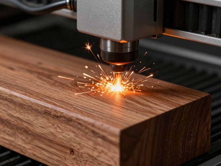 Macro close-up of an industrial laser cutter piercing a solid cherry wood block, bright orange spark at the focal point, deep shadows highlighting the precise wood grain.