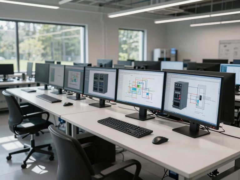 A wide environmental shot of a clean, daylight-filled engineering workspace in New Hampshire, featuring complex multi-monitor setups with system architecture diagrams displayed, sharp architectural shadows.