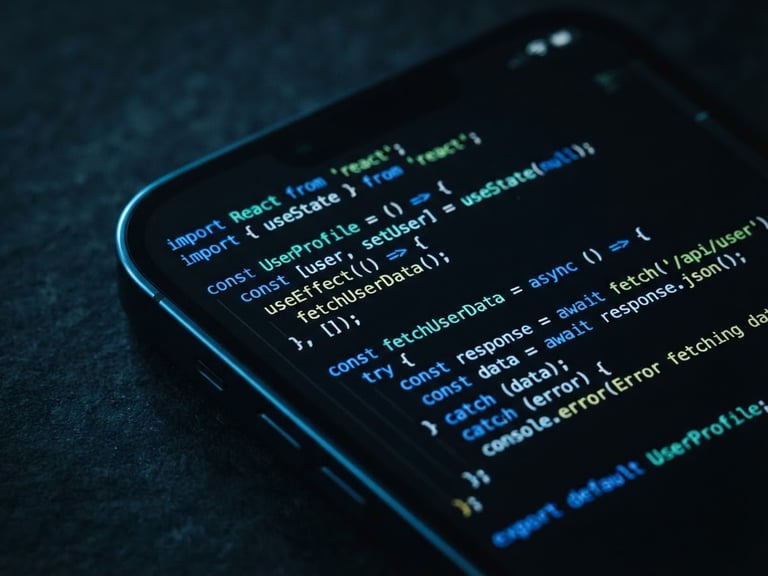 Macro close-up of a premium mobile device displaying clean, high-contrast code interfaces, moody studio lighting, cyber blue edge highlights, dark slate background.
