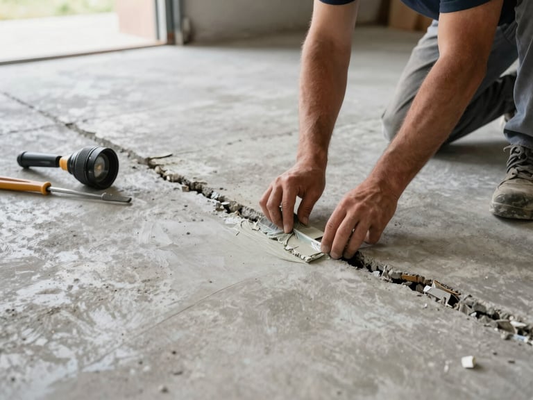 Close-up documentary shot of a crew member patching a crack in a bare concrete garage floor, natural daylight from an open garage door, repair compound visible, tools laid out beside the worker, honest work-in-progress framing with no staging