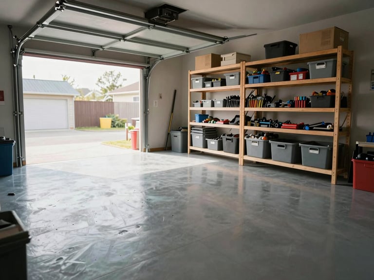Full-width garage interior after organization is complete, shelving units loaded with neatly placed bins and tools, clean sealed floor reflecting daylight from open garage door, no labels or styling props visible, honest documentary shot showing depth and usable floor space