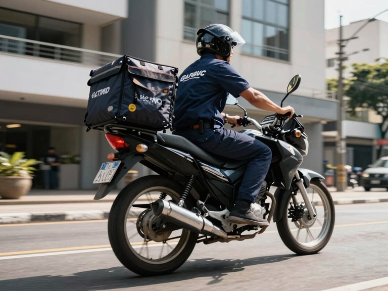 Dynamic low-angle shot of a motorcycle courier in a clean navy uniform riding through a modern São Paulo street, bright daylight, sharp focus, 35mm lens