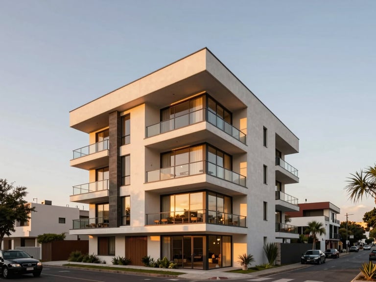 Wide-angle architectural perspective of a premium modern residential building in Monterrey under warm sunset light