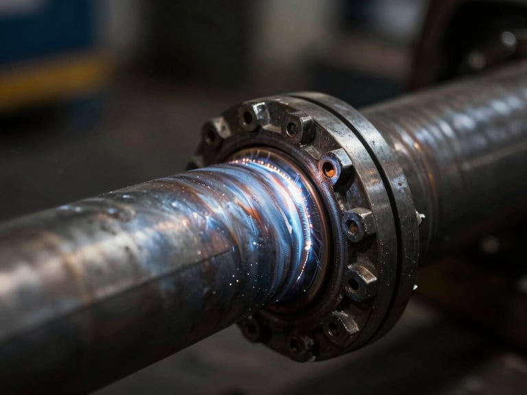 Macro close-up of a precise weld on an industrial pipeline, deep metallic tones, dramatic workshop lighting, sharp focus, 35mm