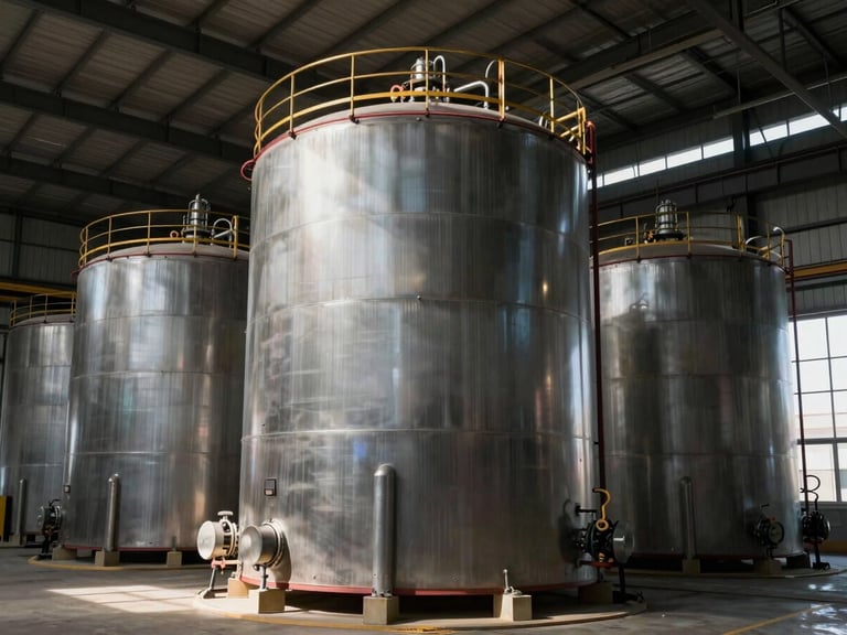 Wide environmental shot of a massive industrial storage tank undergoing maintenance inside a high-ceilinged workshop, natural daylight, 35mm